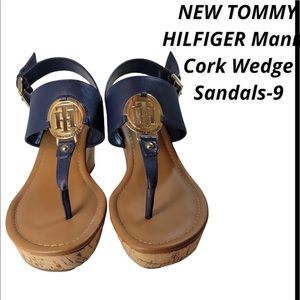 NWOT Tommy Hilfiger Manne Blue Cork Wedge Sandal Shoes Size 9 Logo Medal…